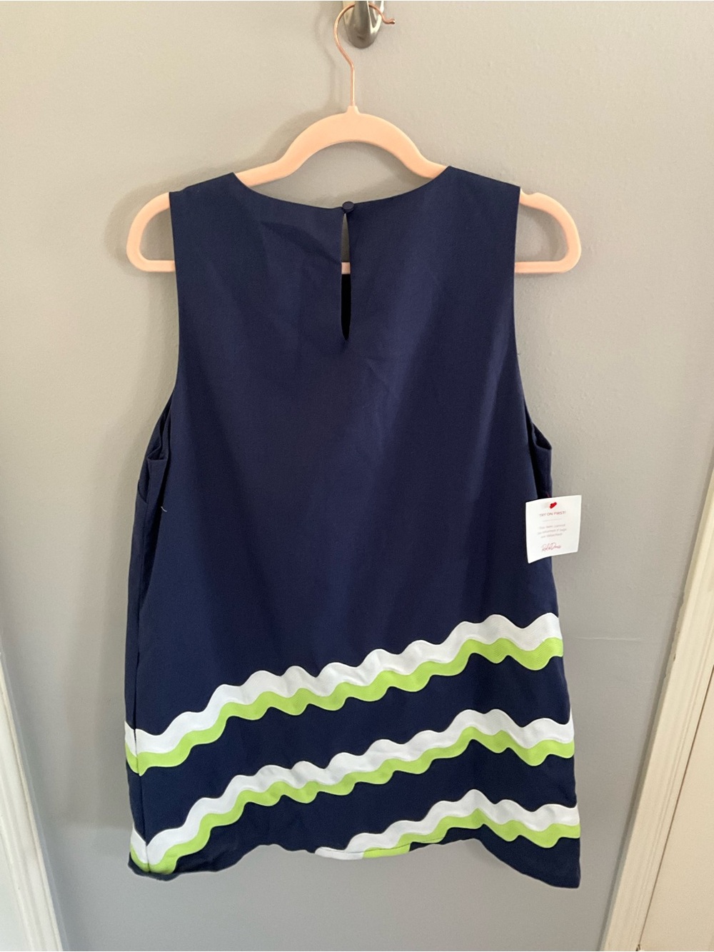 Navy Sleeveless Mini Dress with White & Lime Wave Trim - Picture 6 of 9